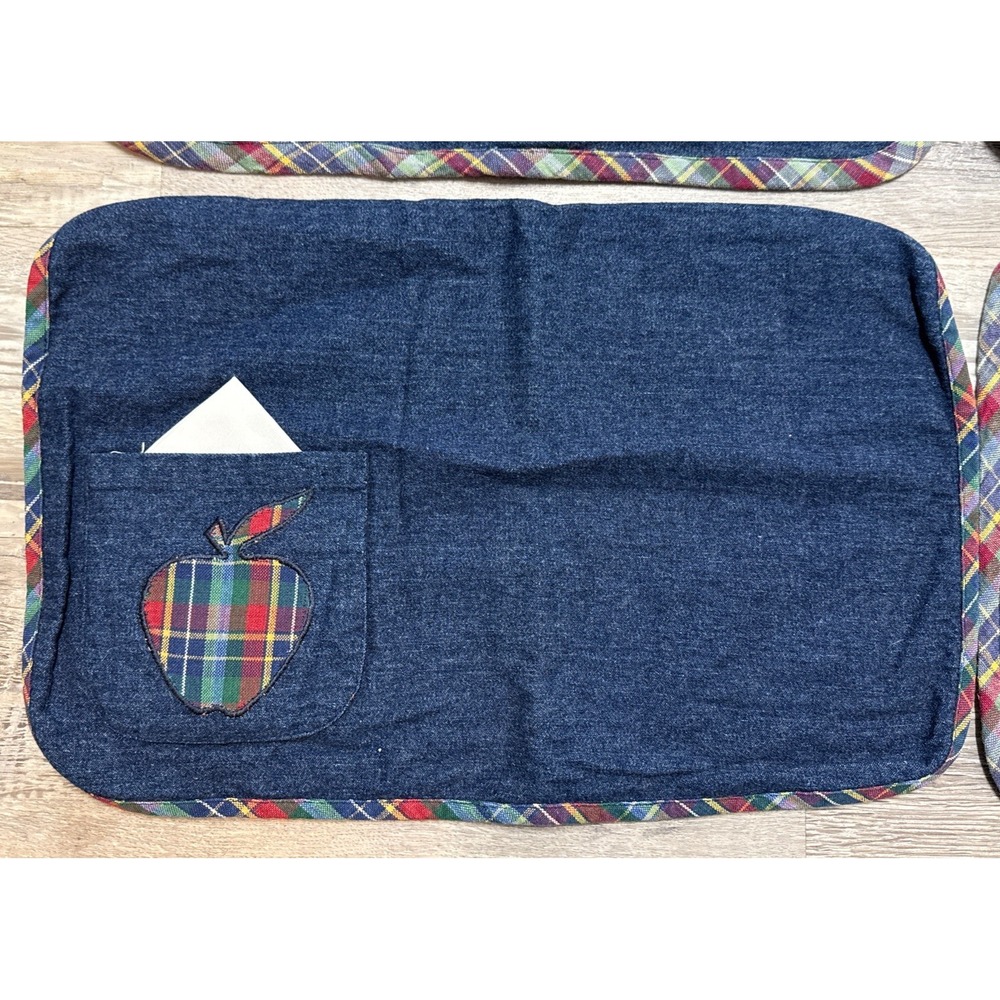 Set Of 4 Vintage Denim Placemats Plaid Trim W/ Apple Pocket W/‎ Napkin 17x12